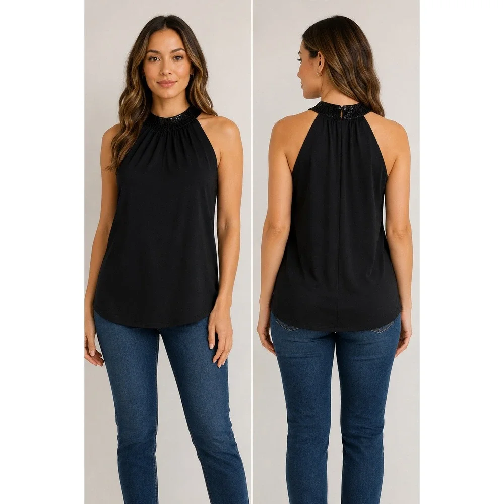 Michael Kors Women Black Sequin Halter Neck Top Sleeveless Blouse‎ Size M